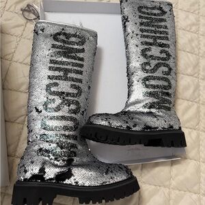 Moschino Silver and Black Sequin Ankle Boots